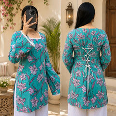 Women's Floral Printed Lace Neck Kurti