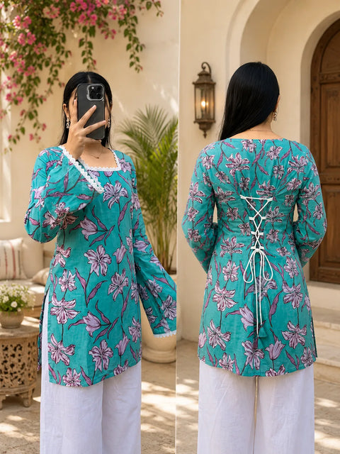 Women's Floral Printed Lace Neck Kurti