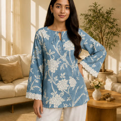 Women's Sky Blue Floral Printed Kurta with Lace Sleeves