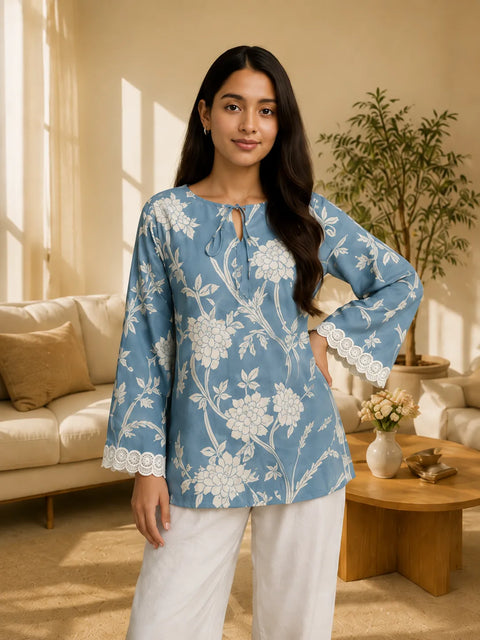 Women's Sky Blue Floral Printed Kurta with Lace Sleeves