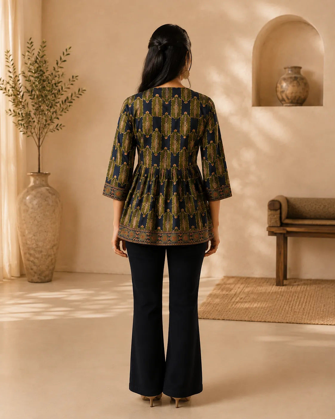 Women's Navy Blue Ethnic Printed Peplum Top
