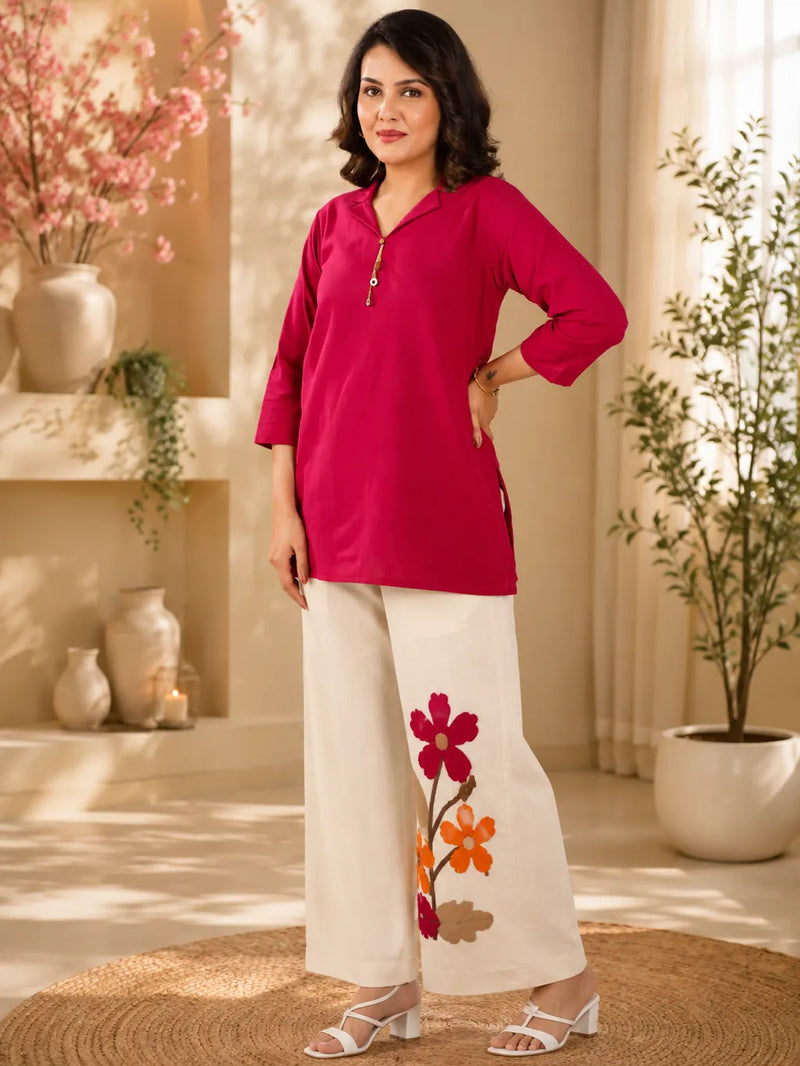 Women’s Floral Wide Leg Co-Ord Set – Solid Pink Top & Printed Palazzo Pants