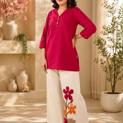 Women’s Floral Wide Leg Co-Ord Set – Solid Pink Top & Printed Palazzo Pants
