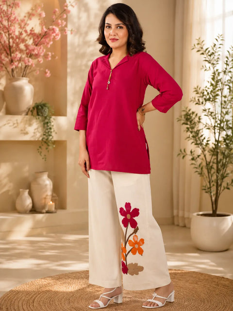 Women’s Floral Wide Leg Co-Ord Set – Solid Pink Top & Printed Palazzo Pants