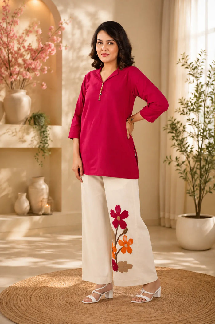 Women’s Floral Wide Leg Co-Ord Set – Solid Pink Top & Printed Palazzo Pants
