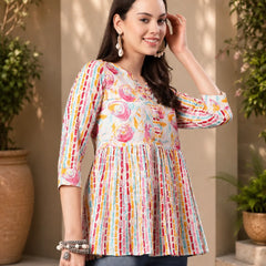 Women's White Floral Printed Peplum Top