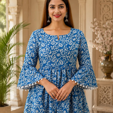 Blue Floral Peplum Kurti with Bell Sleeves