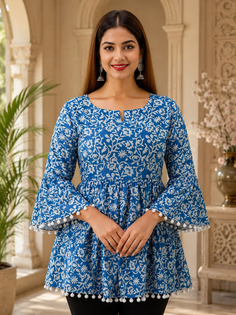 Blue Floral Peplum Kurti with Bell Sleeves