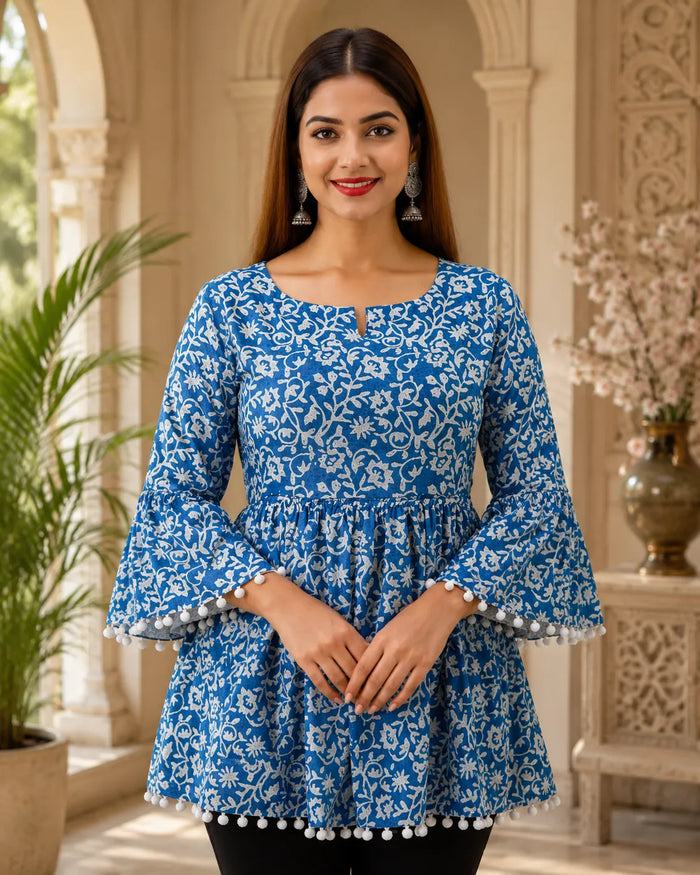Blue Floral Peplum Kurti with Bell Sleeves
