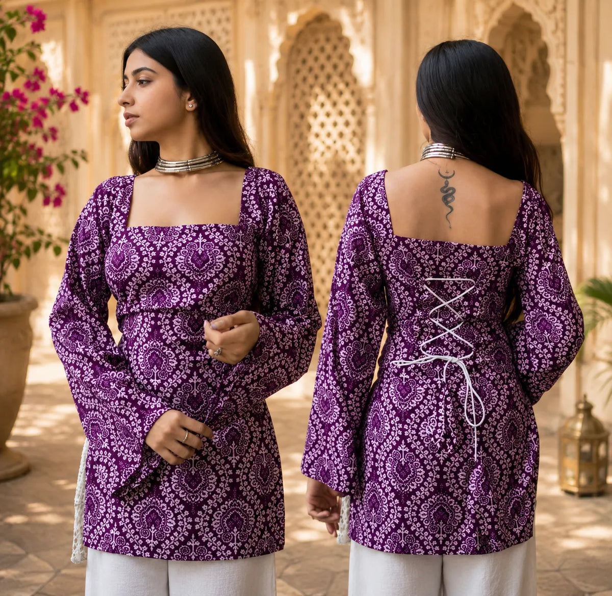 Printed Square Neck Flare Sleeve Kurti