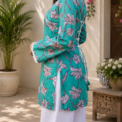 Women's Floral Printed Lace Neck Kurti