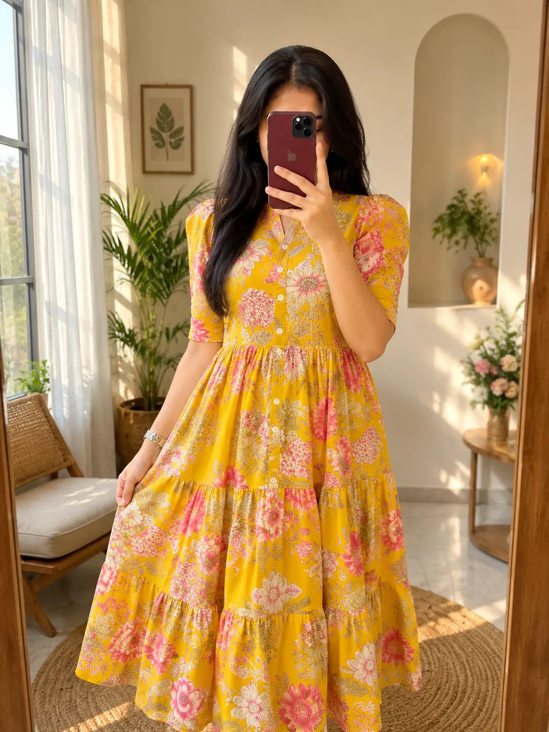 Yellow Floral Tiered Midi Dress for Women – Printed Cotton Dress with Puff Sleeves