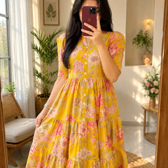Yellow Floral Tiered Midi Dress for Women – Printed Cotton Dress with Puff Sleeves