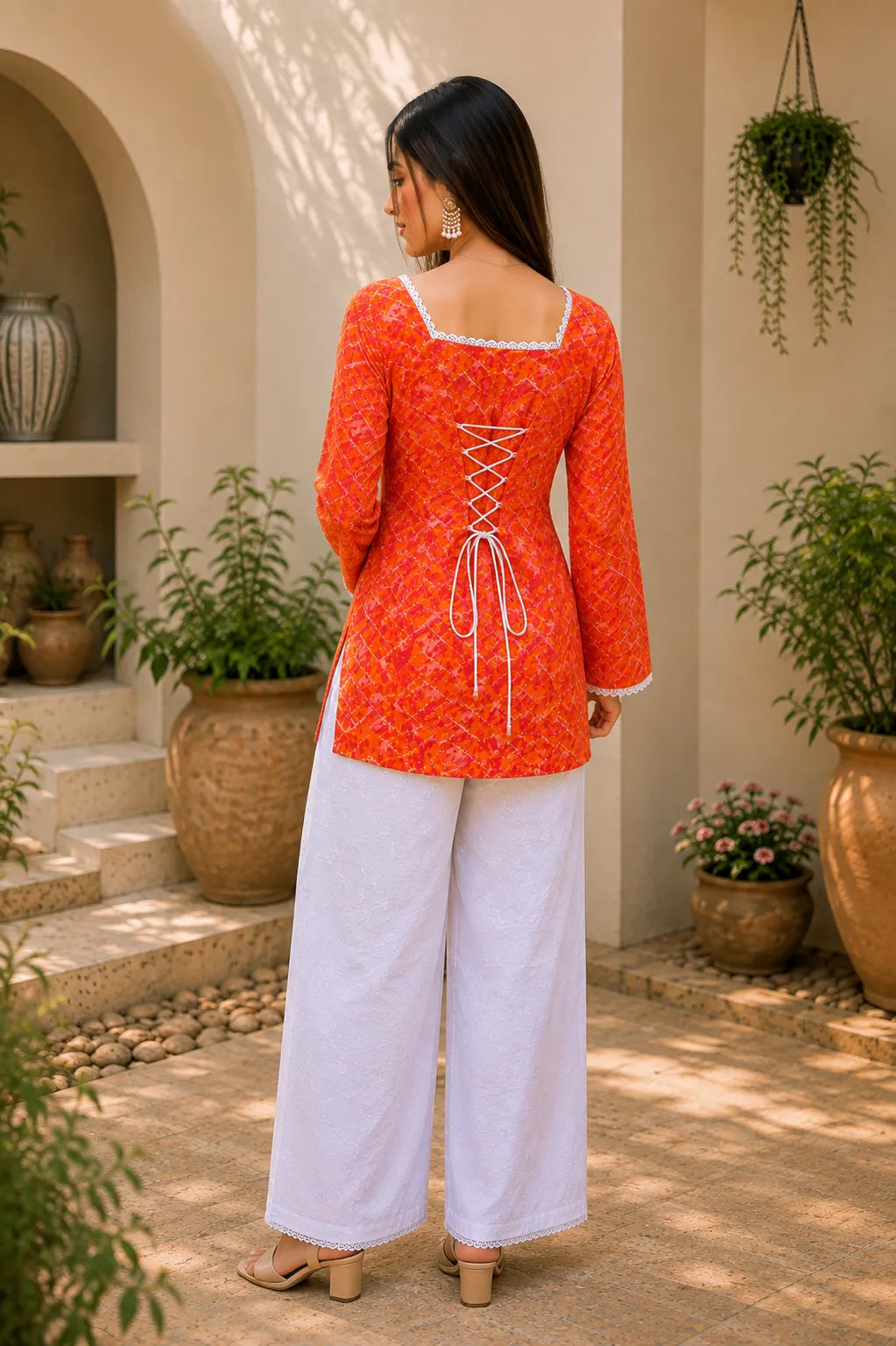 Women’s Printed Kurti with Square Neck & Lace Detail