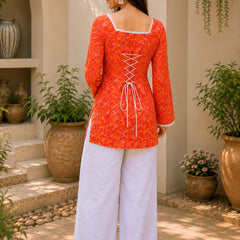 Women’s Printed Kurti with Square Neck & Lace Detail