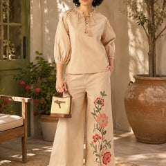 Women’s Beige Floral Embroidered Kurta Pant Set