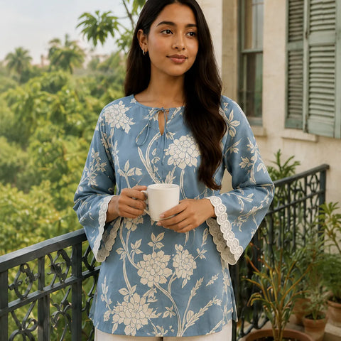 Women's Sky Blue Floral Printed Kurta with Lace Sleeves