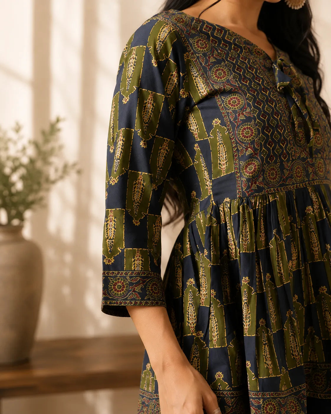 Women's Navy Blue Ethnic Printed Peplum Top