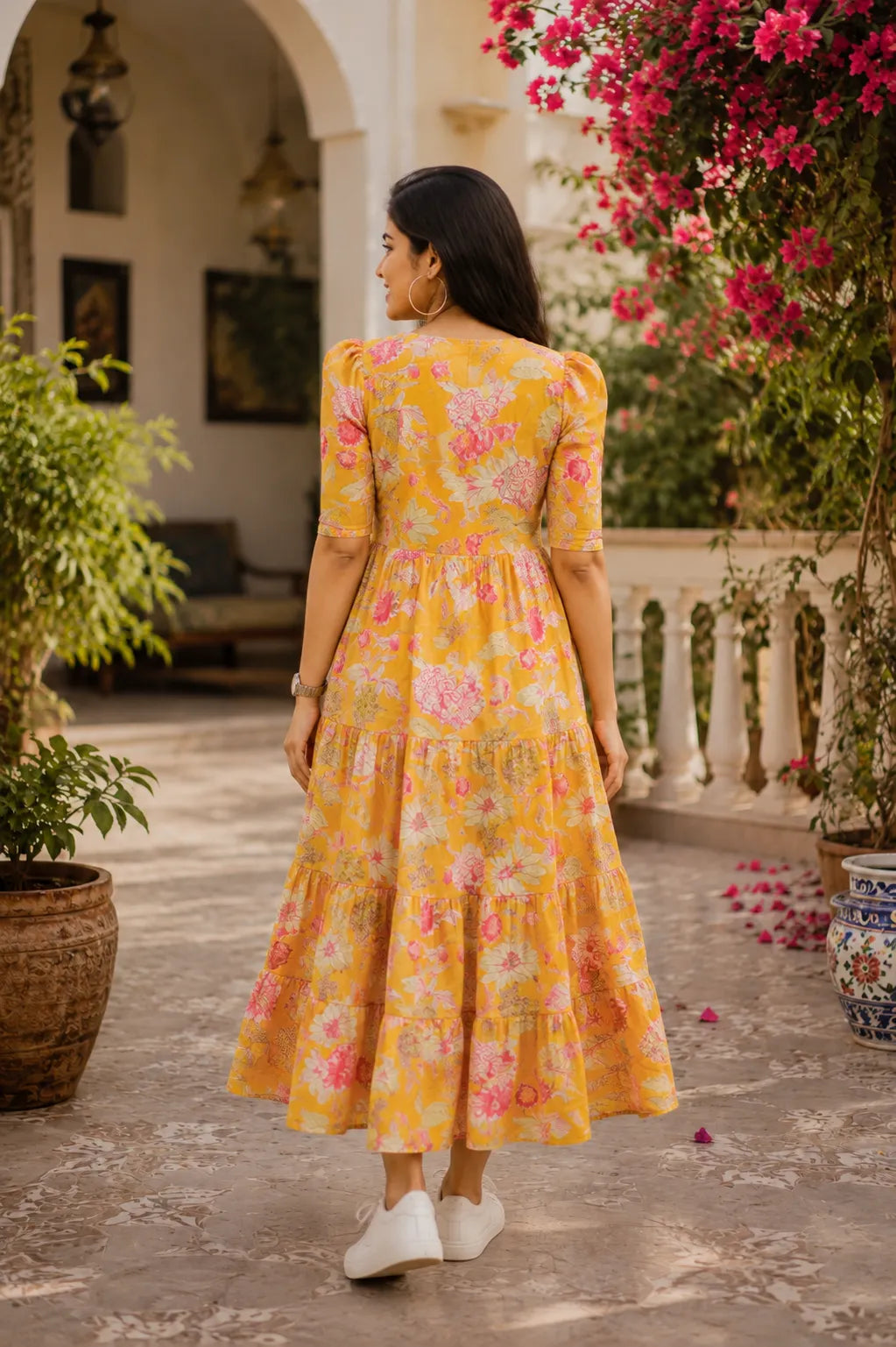 Yellow Floral Tiered Midi Dress for Women – Printed Cotton Dress with Puff Sleeves