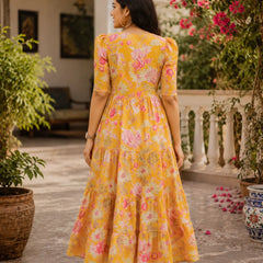Yellow Floral Tiered Midi Dress for Women – Printed Cotton Dress with Puff Sleeves
