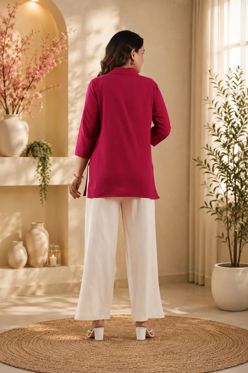 Women’s Floral Wide Leg Co-Ord Set – Solid Pink Top & Printed Palazzo Pants