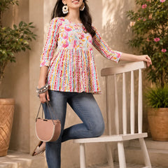 Women's White Floral Printed Peplum Top