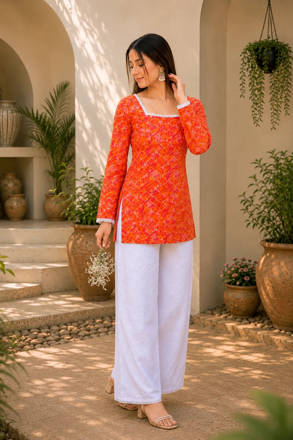 Women’s Printed Kurti with Square Neck & Lace Detail