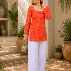 Women’s Printed Kurti with Square Neck & Lace Detail