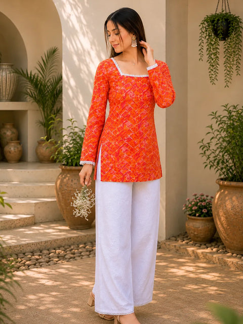Women’s Printed Kurti with Square Neck & Lace Detail