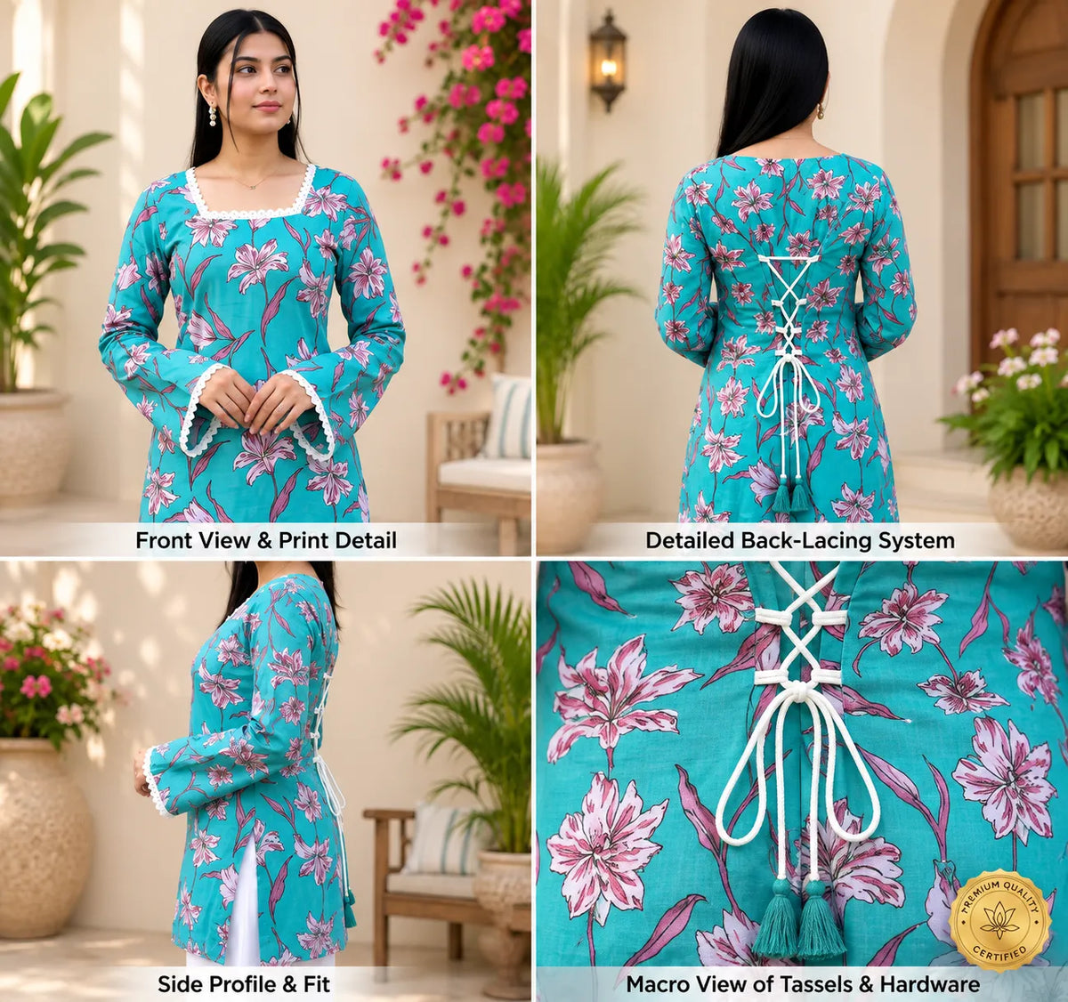 Women's Floral Printed Lace Neck Kurti
