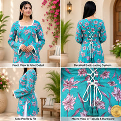 Women's Floral Printed Lace Neck Kurti