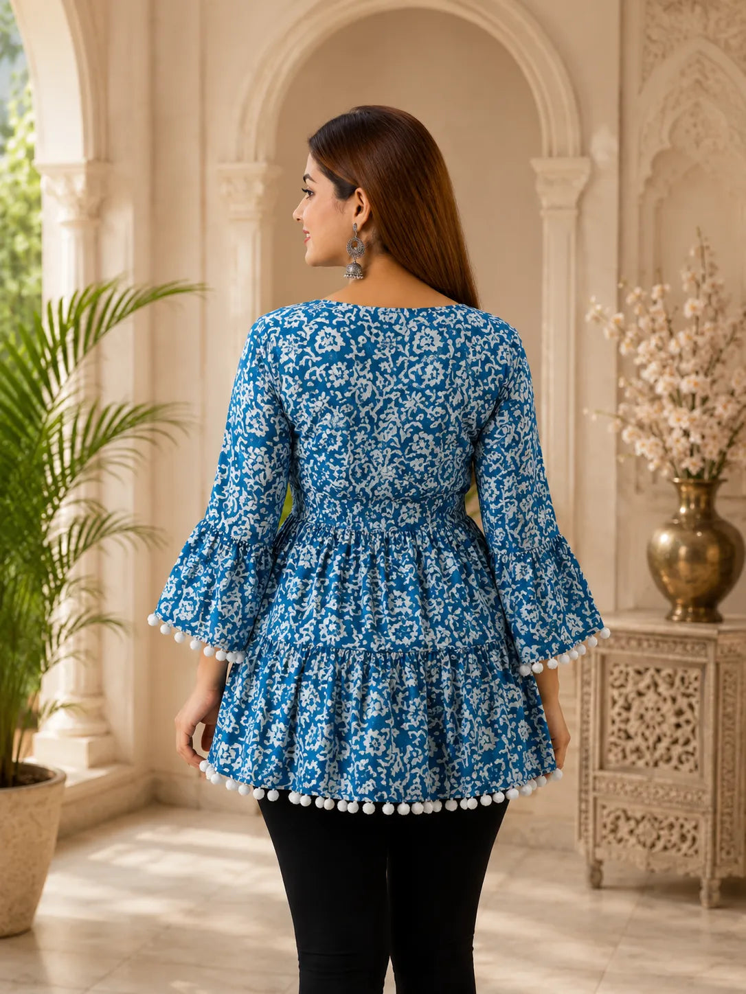 Blue Floral Peplum Kurti with Bell Sleeves