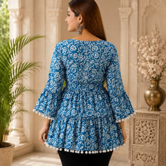 Blue Floral Peplum Kurti with Bell Sleeves