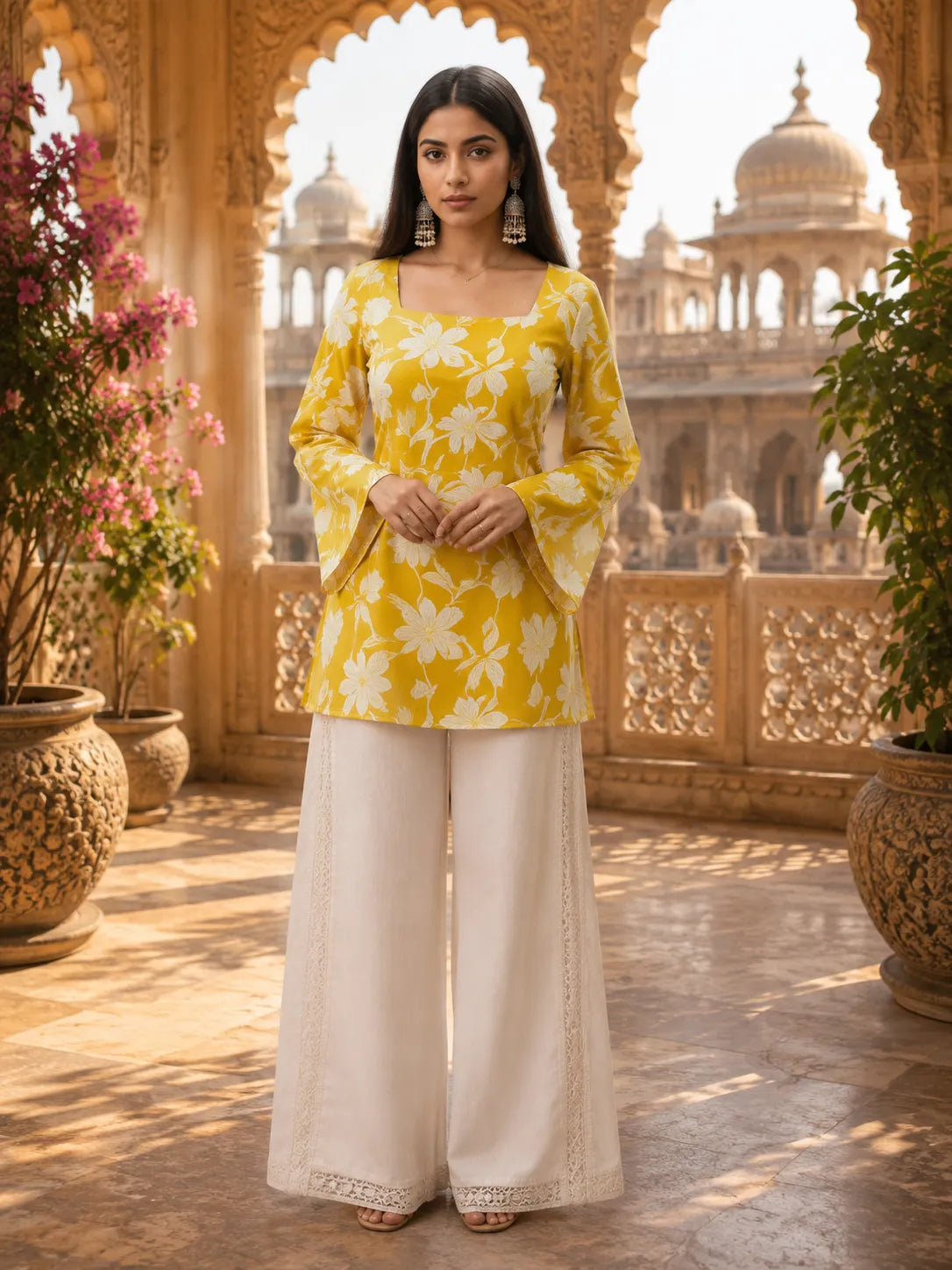 Women’s Floral Printed Kurti with Flared Sleeves