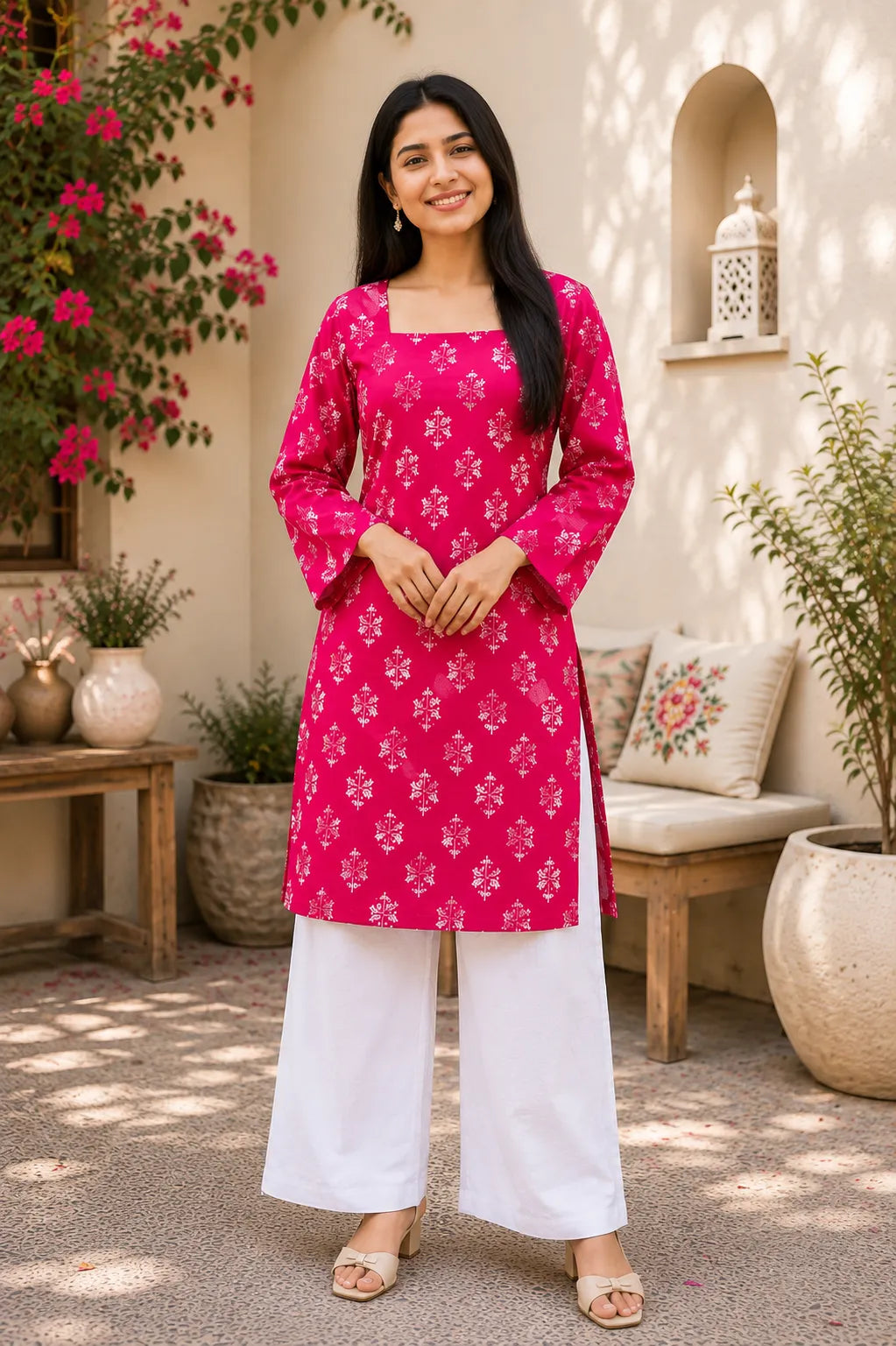 Red Printed Cotton Anarkali Kurti for Women – Flared Ethnic Tunic