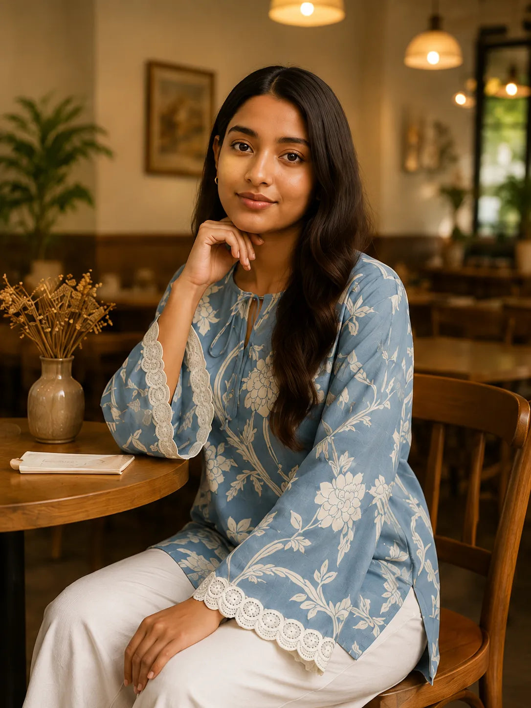 Women's Sky Blue Floral Printed Kurta with Lace Sleeves