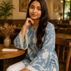 Women's Sky Blue Floral Printed Kurta with Lace Sleeves