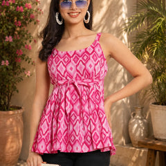 Women's Pink Printed Sleeveless Peplum Top