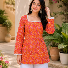 Women’s Printed Kurti with Square Neck & Lace Detail