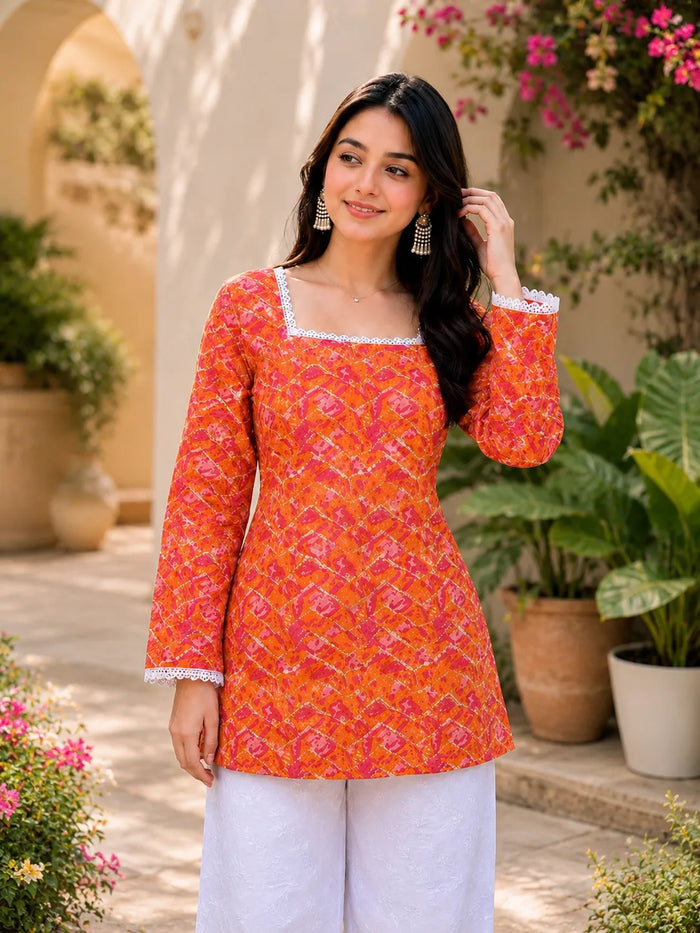 Women’s Printed Kurti with Square Neck & Lace Detail