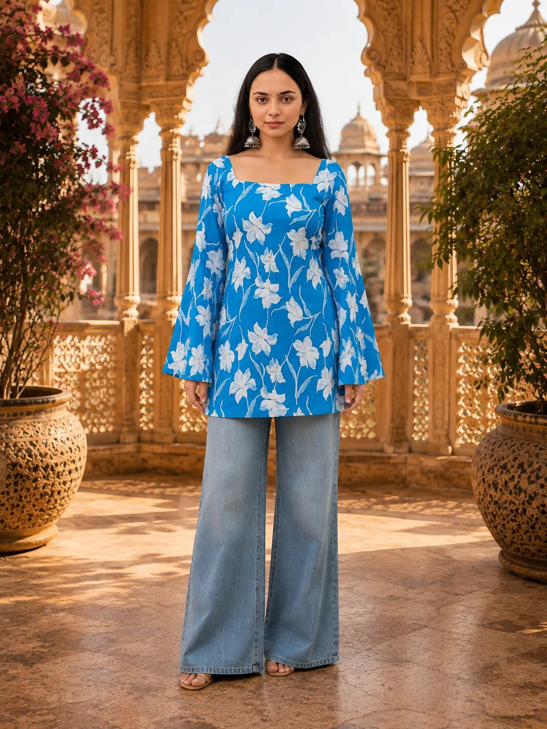 Women’s Floral Printed Kurti with Flared Sleeves
