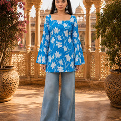 Women’s Floral Printed Kurti with Flared Sleeves
