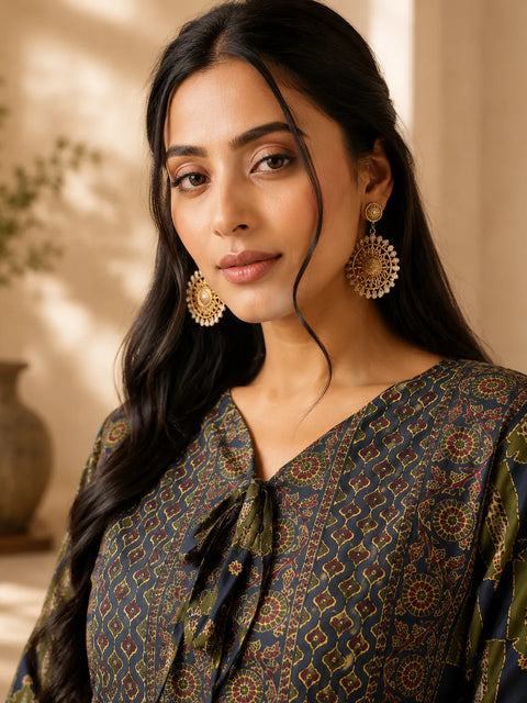 Women's Navy Blue Ethnic Printed Peplum Top