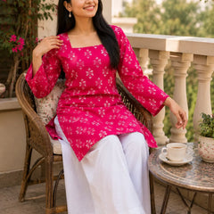 Purple Floral Printed Kurti for Women – Square Neck Cotton Ethnic Tunic