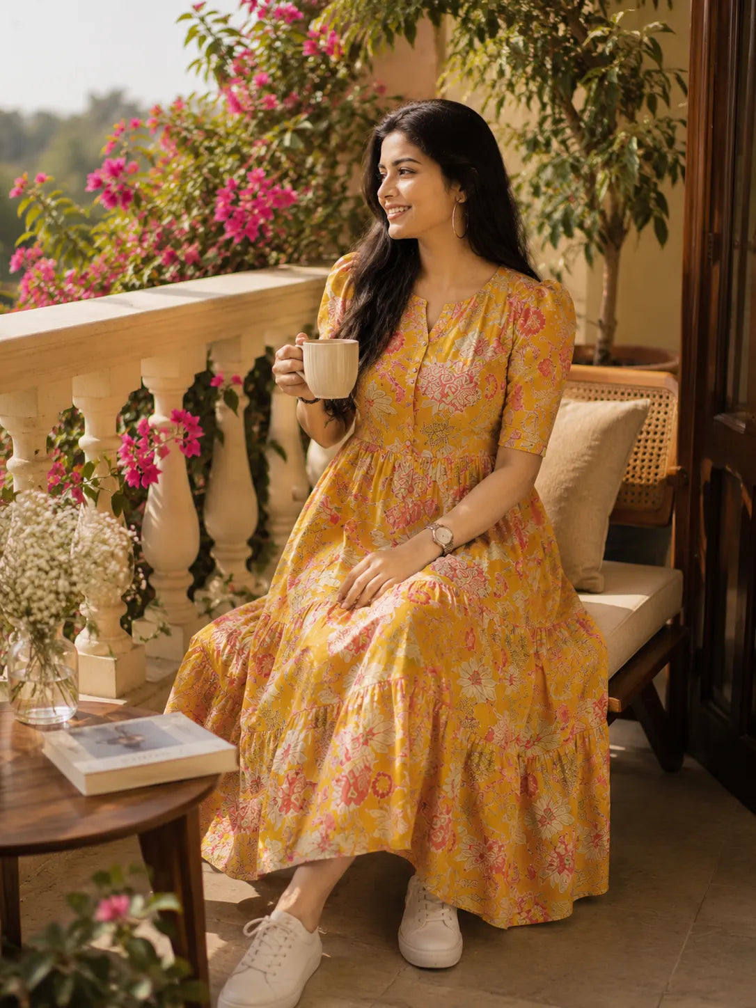 Yellow Floral Tiered Midi Dress for Women – Printed Cotton Dress with Puff Sleeves