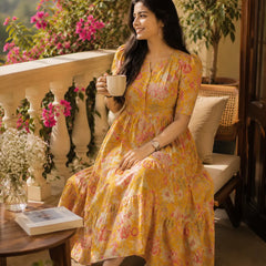 Yellow Floral Tiered Midi Dress for Women – Printed Cotton Dress with Puff Sleeves