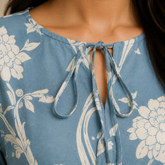 Women's Sky Blue Floral Printed Kurta with Lace Sleeves