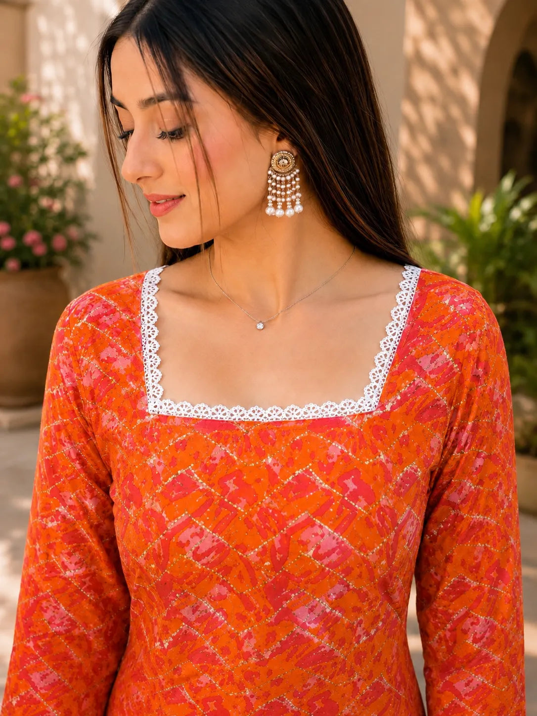 Women’s Printed Kurti with Square Neck & Lace Detail