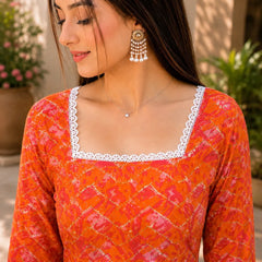 Women’s Printed Kurti with Square Neck & Lace Detail