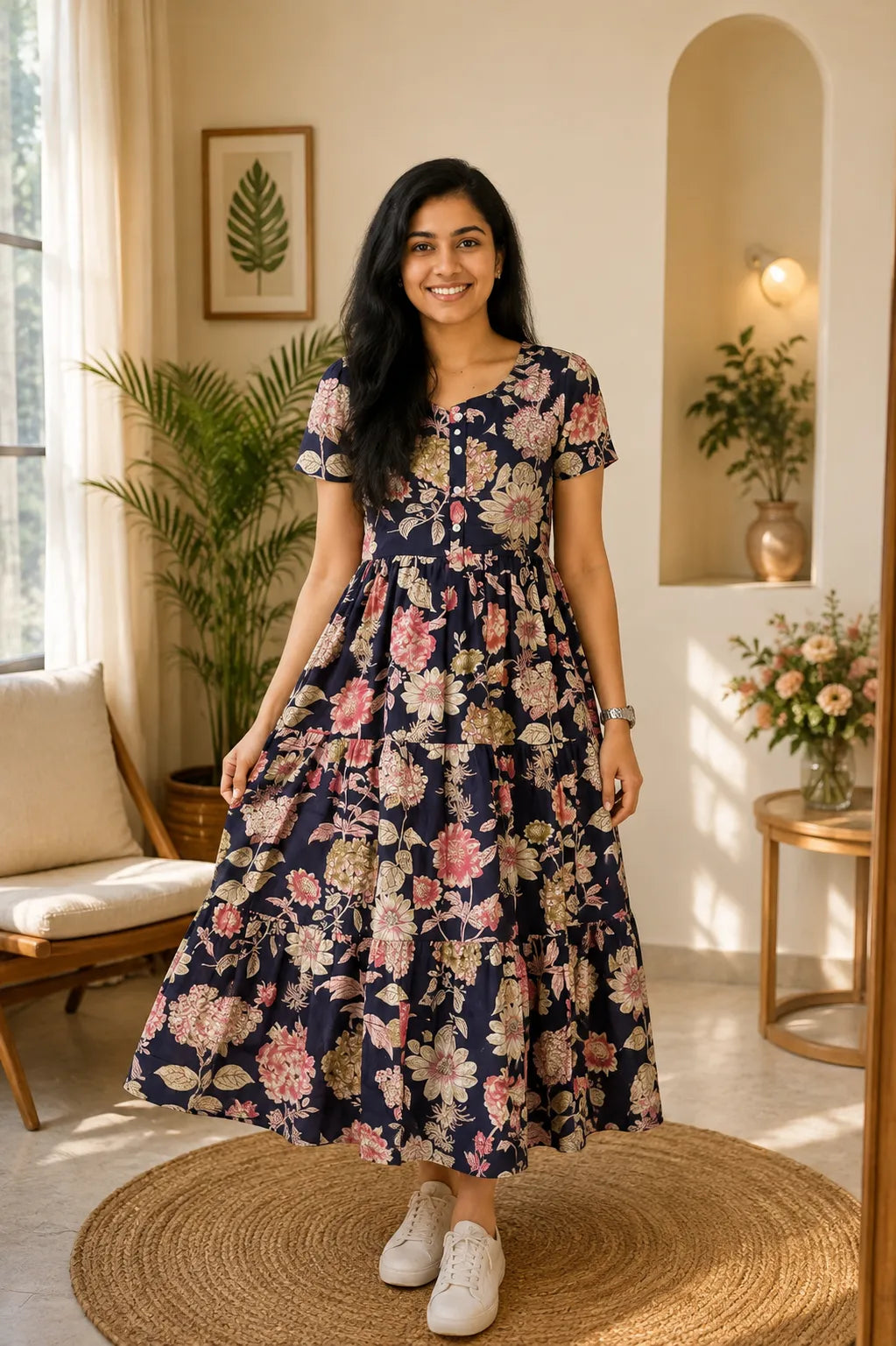 Yellow Floral Tiered Midi Dress for Women – Printed Cotton Dress with Puff Sleeves